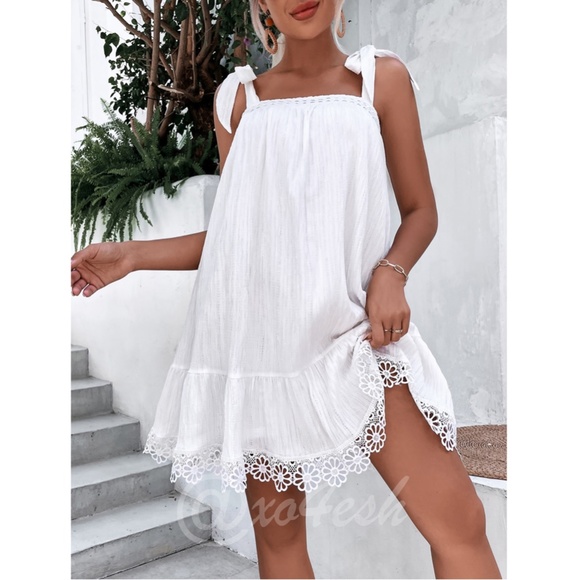 White A-Line Short Dress Tie Straps Guipure Detail - Picture 2 of 7